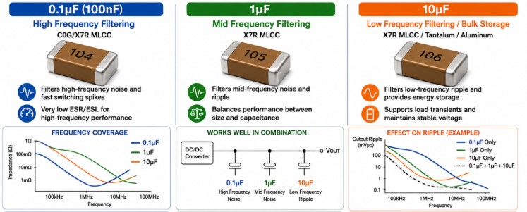 Roles of 0.1&micro;F, 1&micro;F, and 10&micro;F Capacitors in Power Filtering