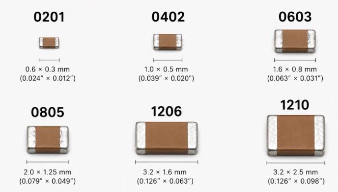 0201, 0402, 0603, 0805, 1206, and 1210 MLCC Package Sizes
