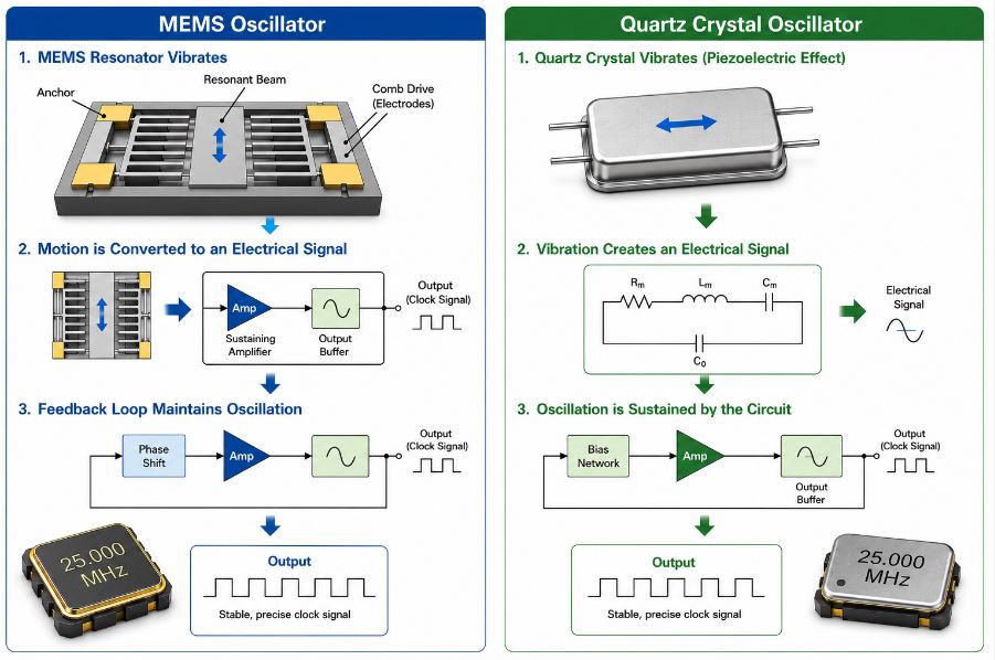 Working Principle of MEMS and Quartz Crystal Oscillators