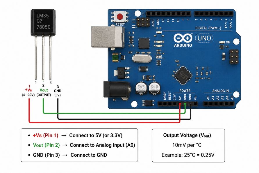 Basic Wiring of LM35 Temperature Sensor